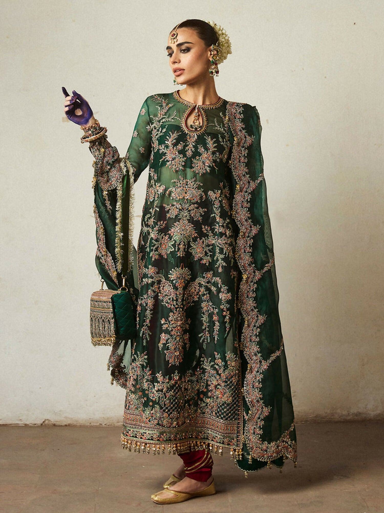 Hussain Rehar unstitched 3-piece suit with embroidered and embellished organza shirt, organza embroidered dupatta, and Korean raw silk churidar trouser, designed for a luxurious formal look.