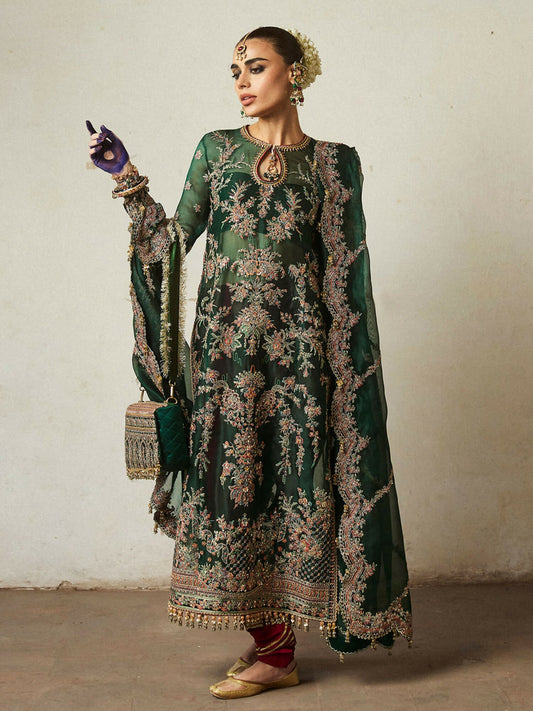 Hussain Rehar unstitched 3-piece suit with embroidered and embellished organza shirt, organza embroidered dupatta, and Korean raw silk churidar trouser, designed for a luxurious formal look.