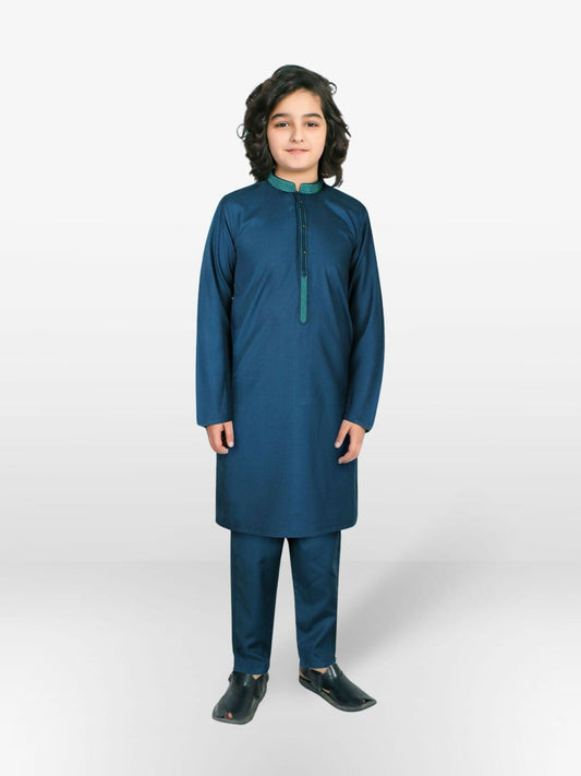 Teal Blue Velvour Boys Embroidred Shalwar Kameez-VB171-C