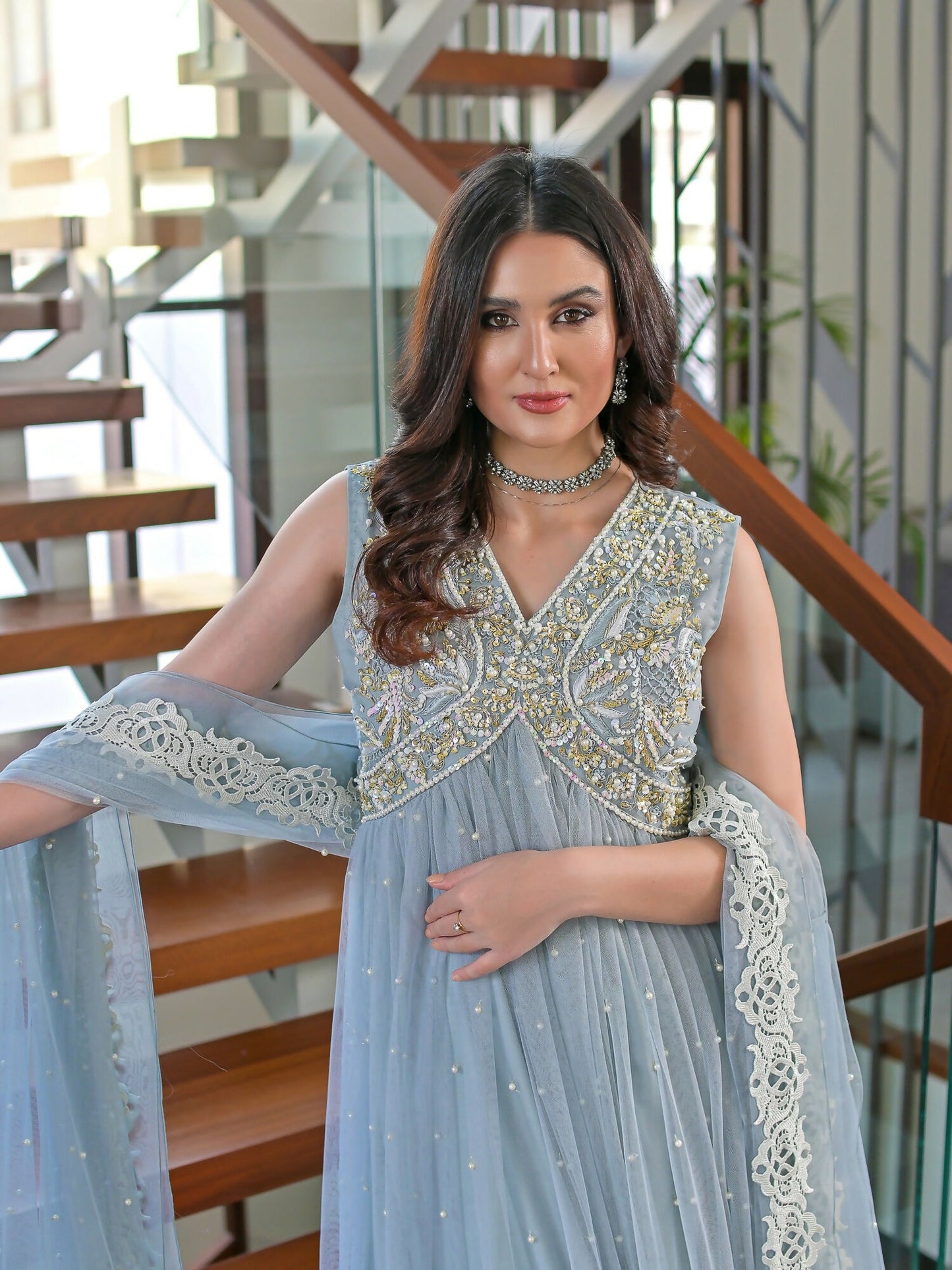 Farooq Hameed Studio Net Embellished Stitched 3-Piece Suit-Laira