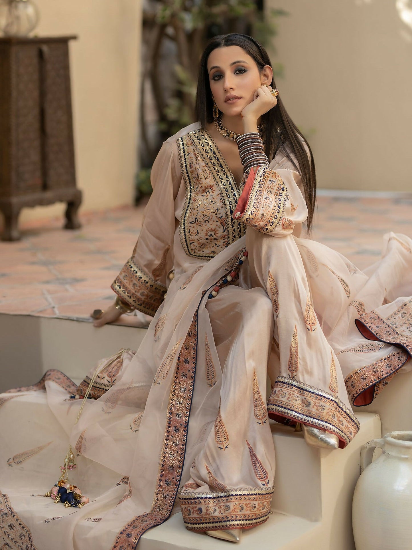 Shiza Hassan Chap Tilak Formals Pure Tusser Silk Embroidered Stitched 3-Piece Suit-Rosy Mist