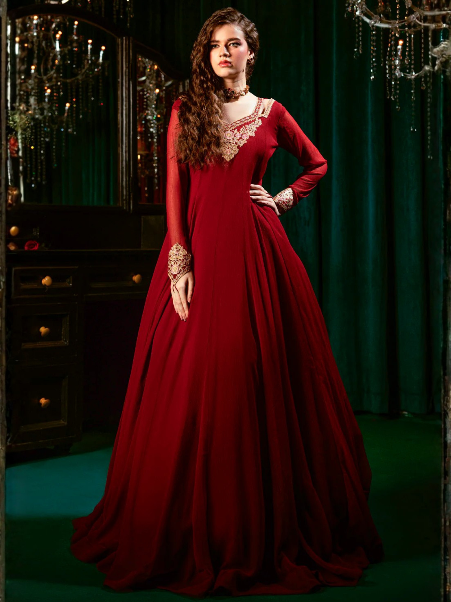 Maroon Hani & Umaima Chiffon Embroidered Stitched 2-Piece Suit-Zeba