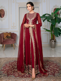 Maroon Hani & Umaima Chiffon Embroidered Stitched 2-Piece Suit-Sindori