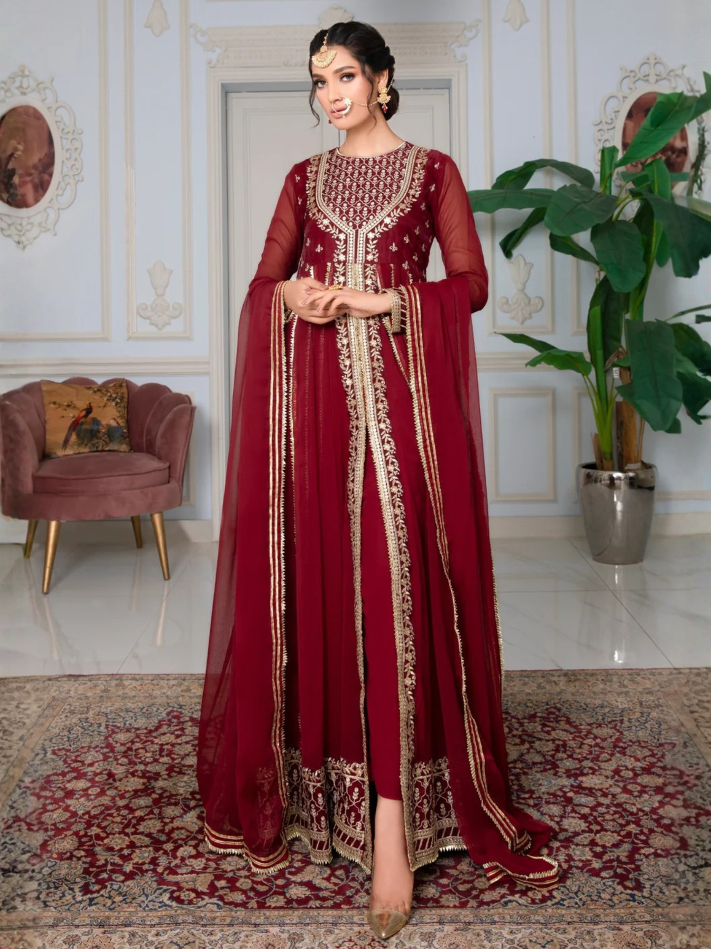 Maroon Hani & Umaima Chiffon Embroidered Stitched 2-Piece Suit-Sindori
