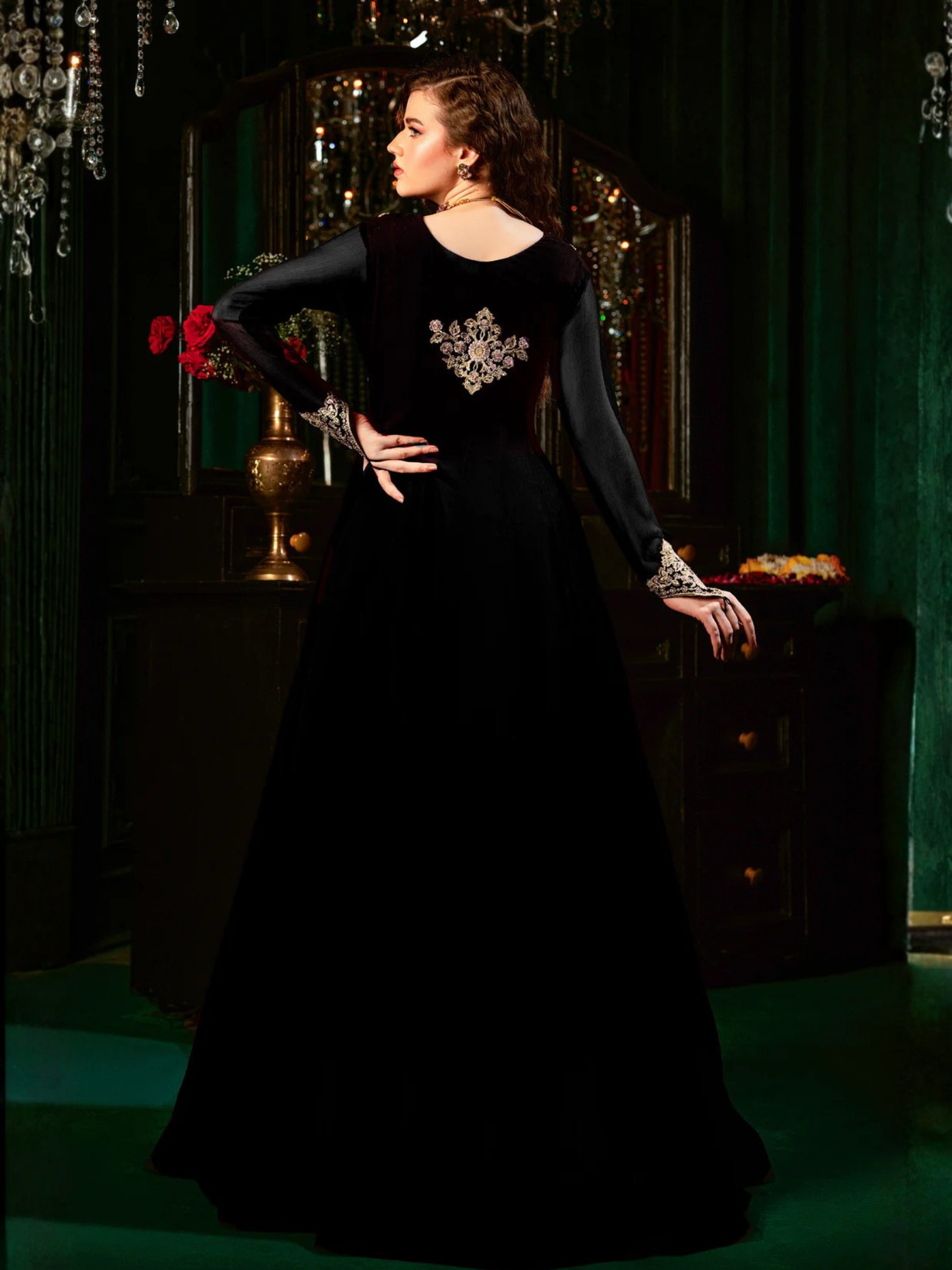 Black Hani & Umaima Chiffon Embroidered Stitched 2-Piece Suit-Malika