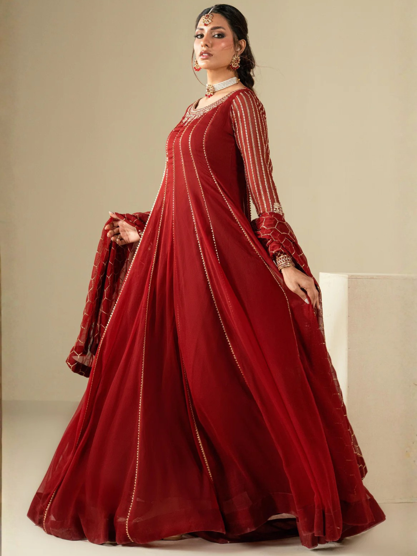 Maroon Hani & Umaima Chiffon Embroidered Stitched 2-Piece Suit-Uswa