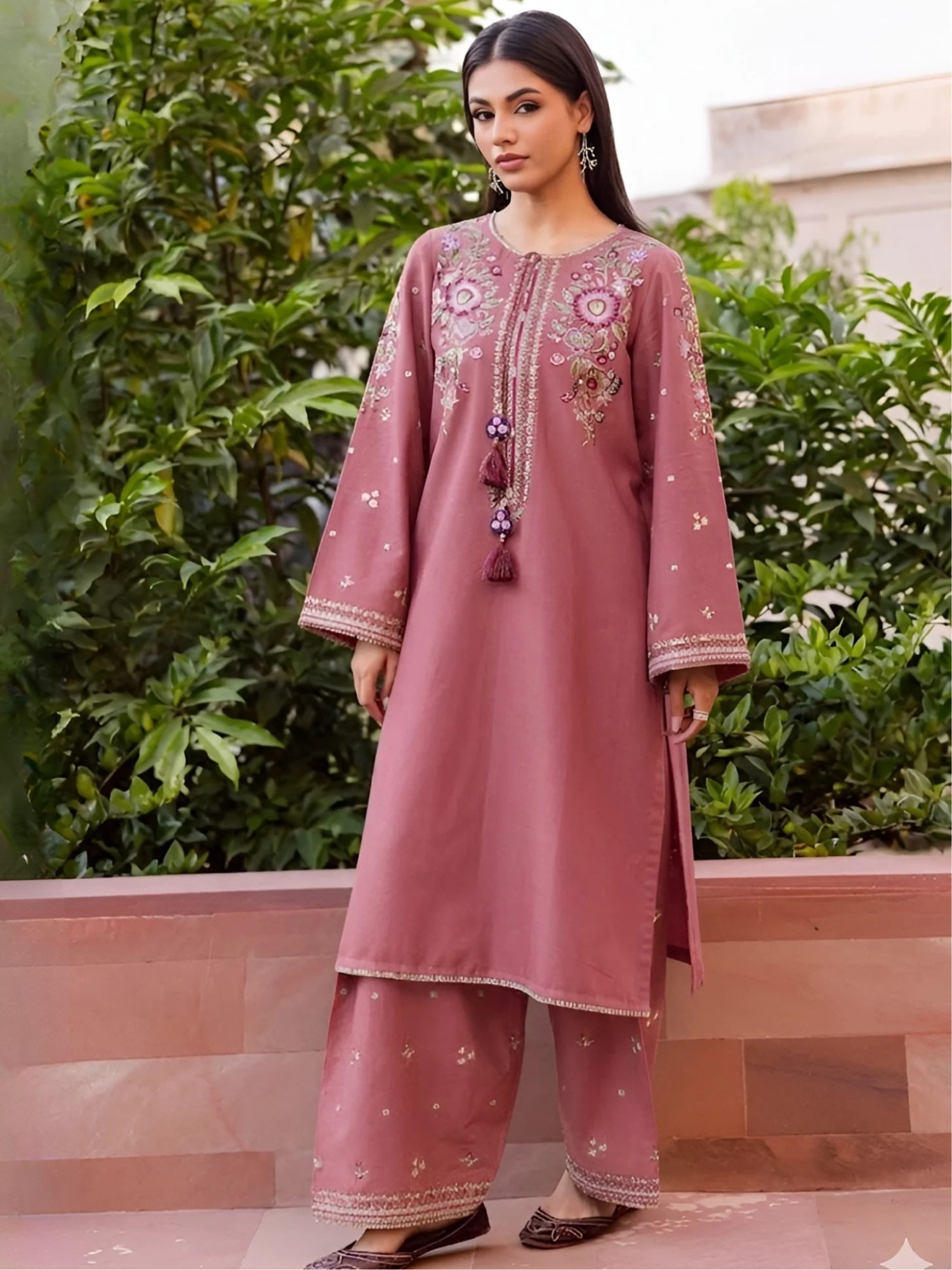 Pink Silai Libas Linen Embroidered Stitched 2-Piece Suit-Noorie