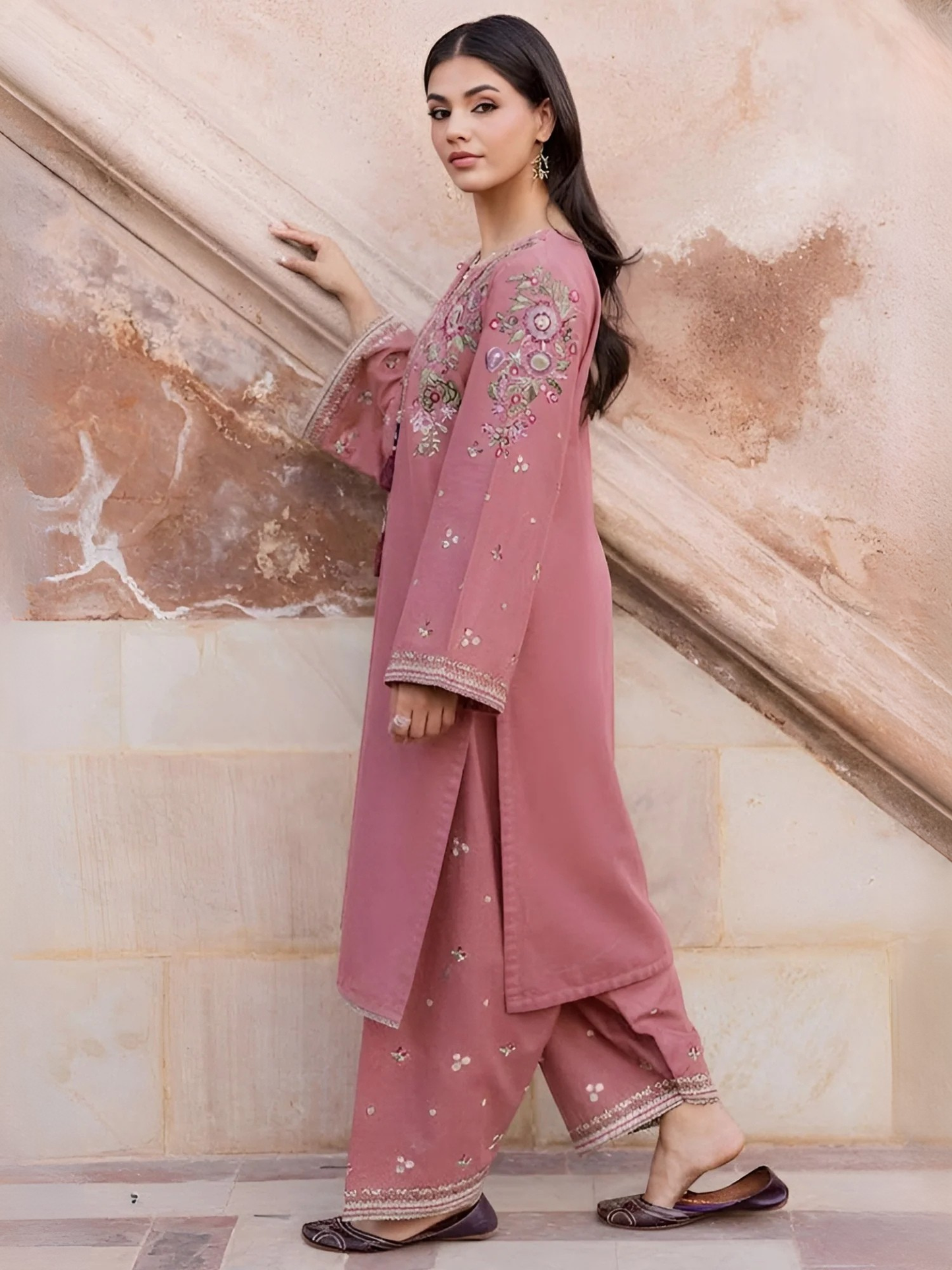 Pink Silai Libas Linen Embroidered Stitched 2-Piece Suit-Noorie