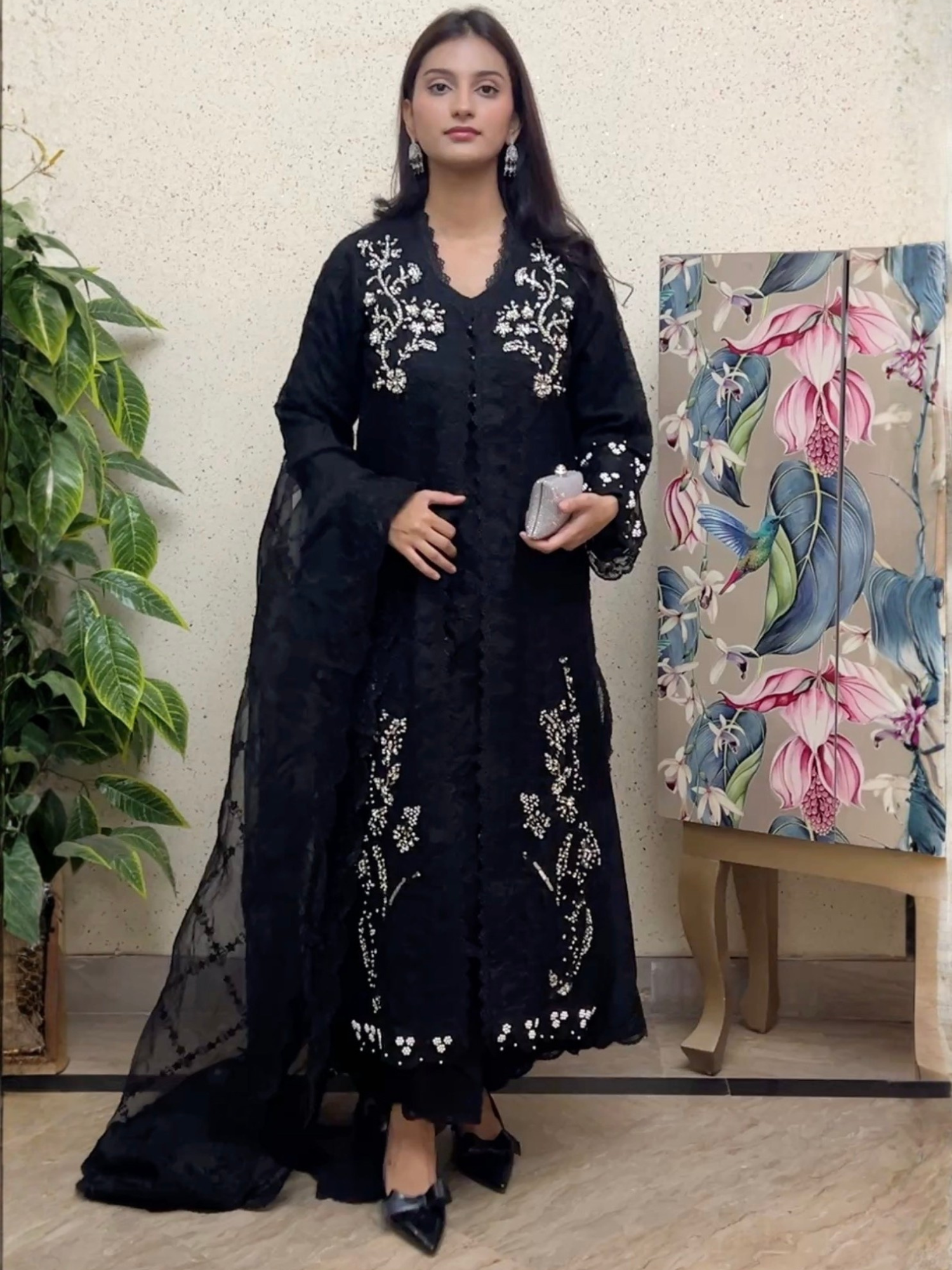 Black Manahil Arts Organza Embellished Stitched 4-Piece Suit-181-Black