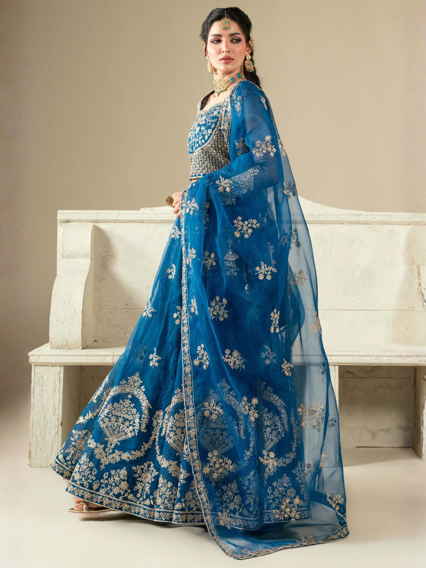 Blue Hani & Umaima Organza Embroidered Lehenga-Noor e Saba