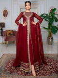 Maroon Hani & Umaima Chiffon Embroidered Stitched 2-Piece Suit-Sindori