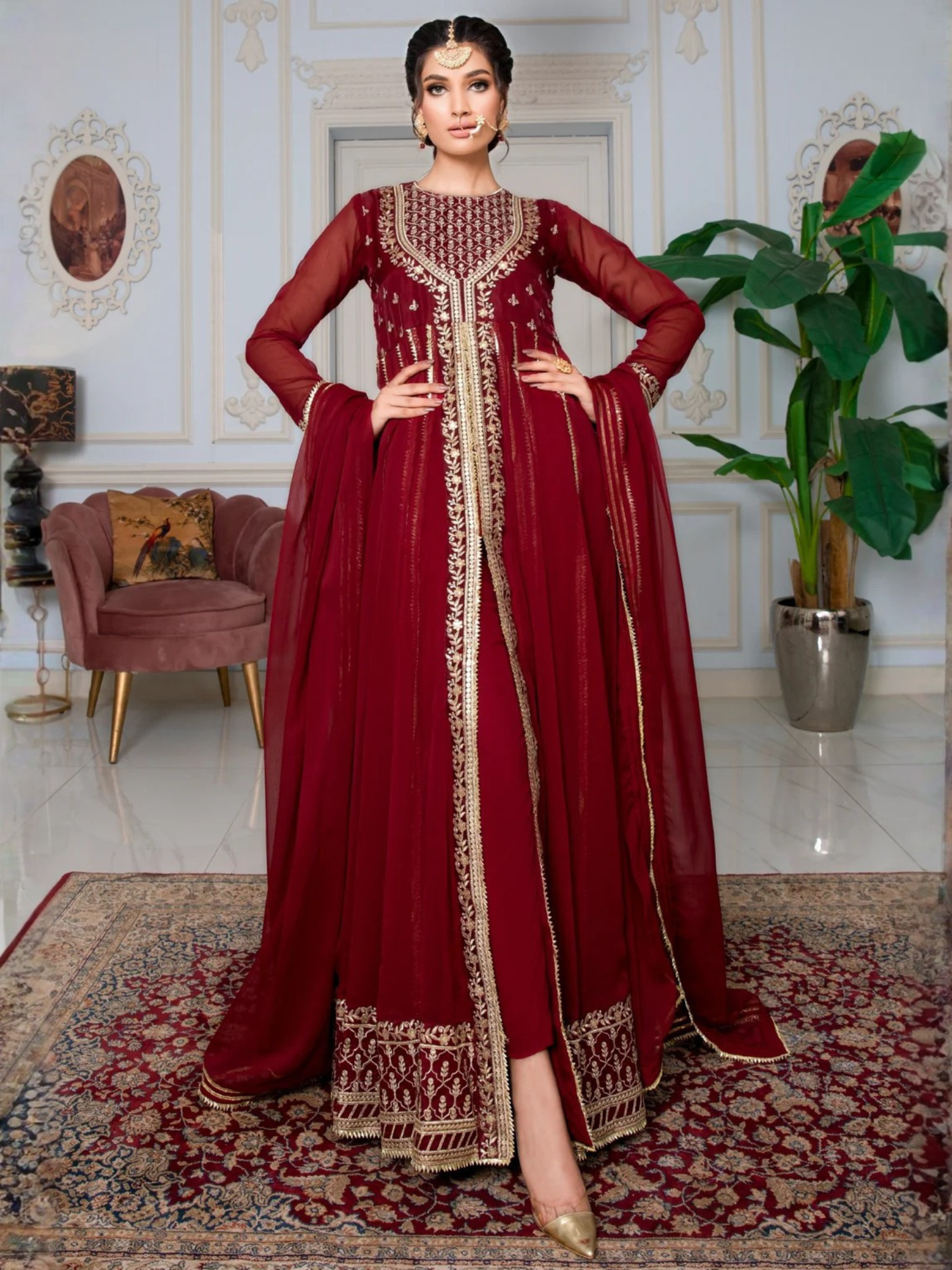 Maroon Hani & Umaima Chiffon Embroidered Stitched 2-Piece Suit-Sindori