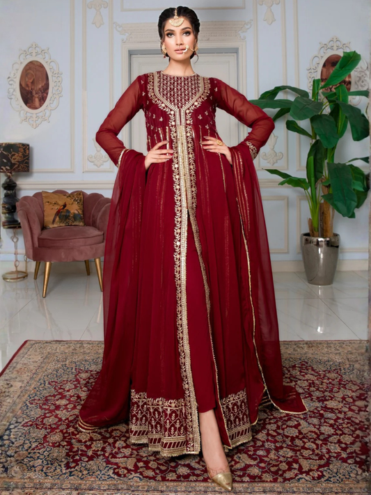 Maroon Hani & Umaima Chiffon Embroidered Stitched 2-Piece Suit-Sindori