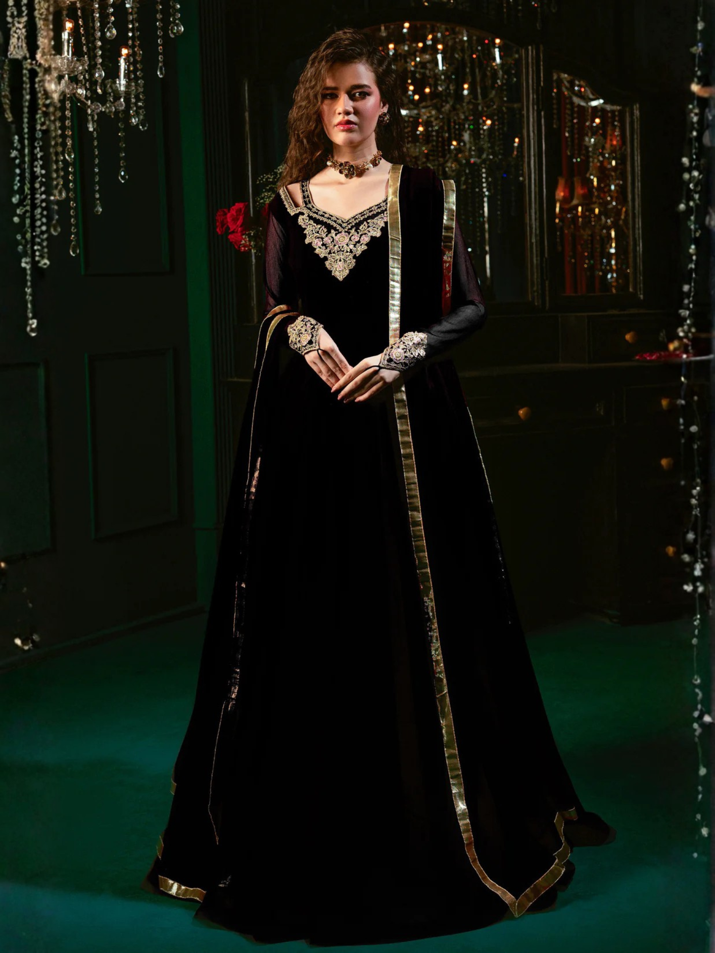 Black Hani & Umaima Chiffon Embroidered Stitched 2-Piece Suit-Malika