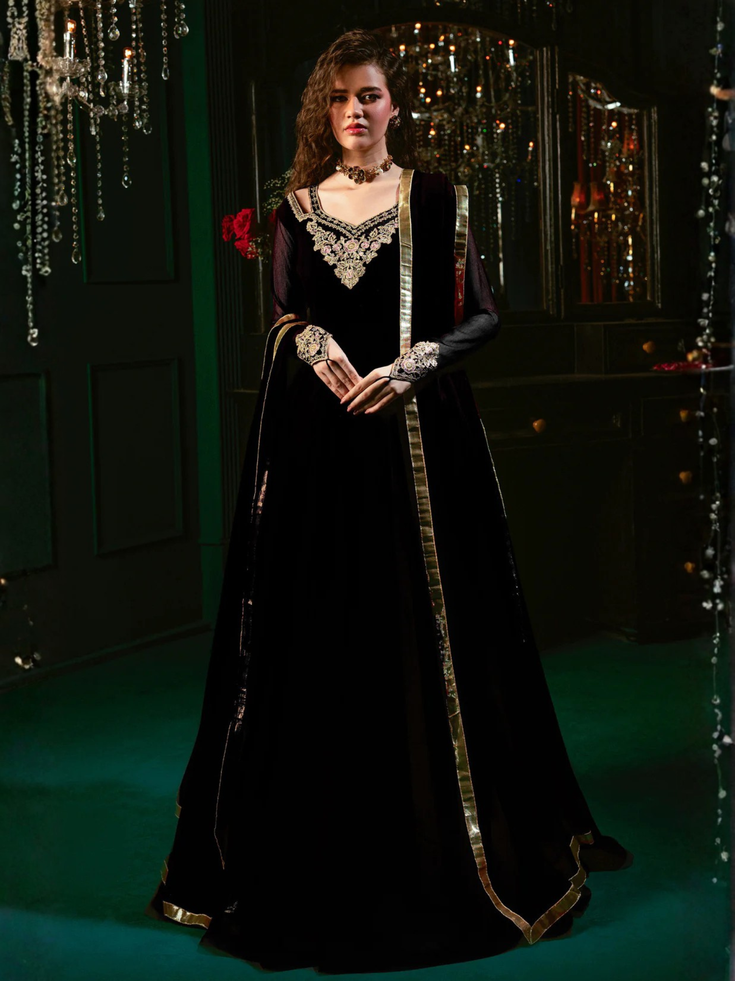 Black Hani & Umaima Chiffon Embroidered Stitched 2-Piece Suit-Malika