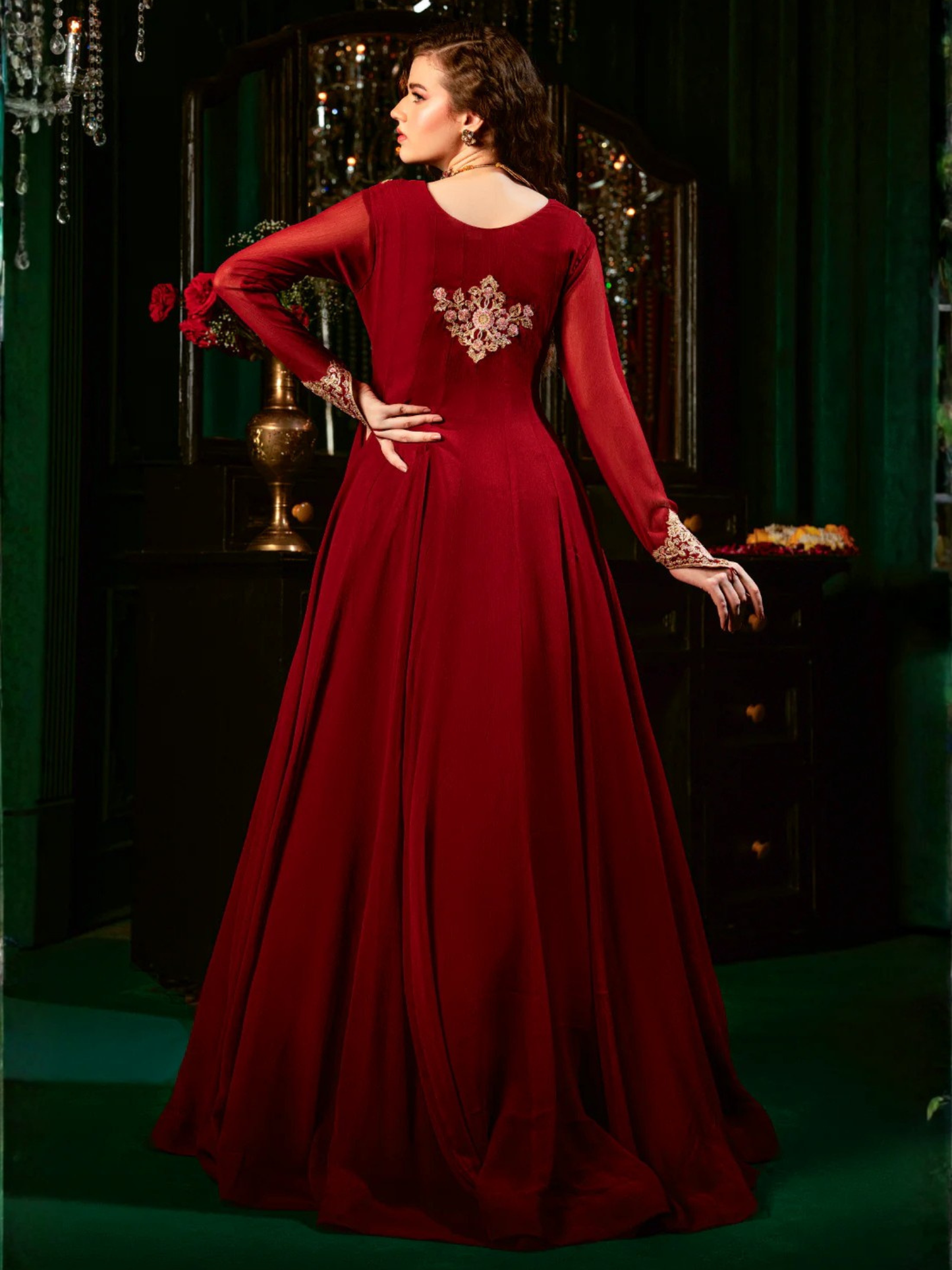 Maroon Hani & Umaima Chiffon Embroidered Stitched 2-Piece Suit-Zeba