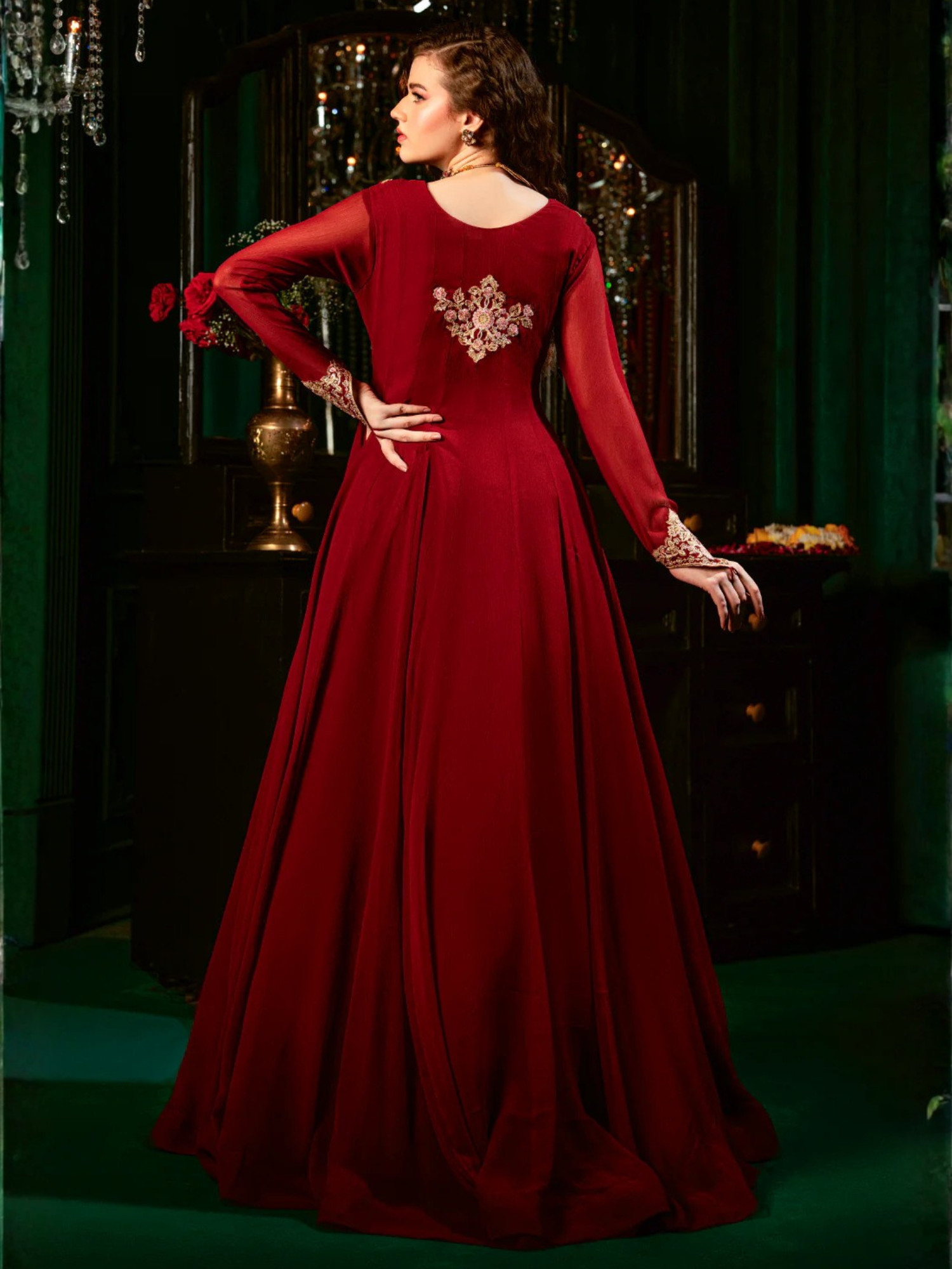 Maroon Hani & Umaima Chiffon Embroidered Stitched 2-Piece Suit-Zeba