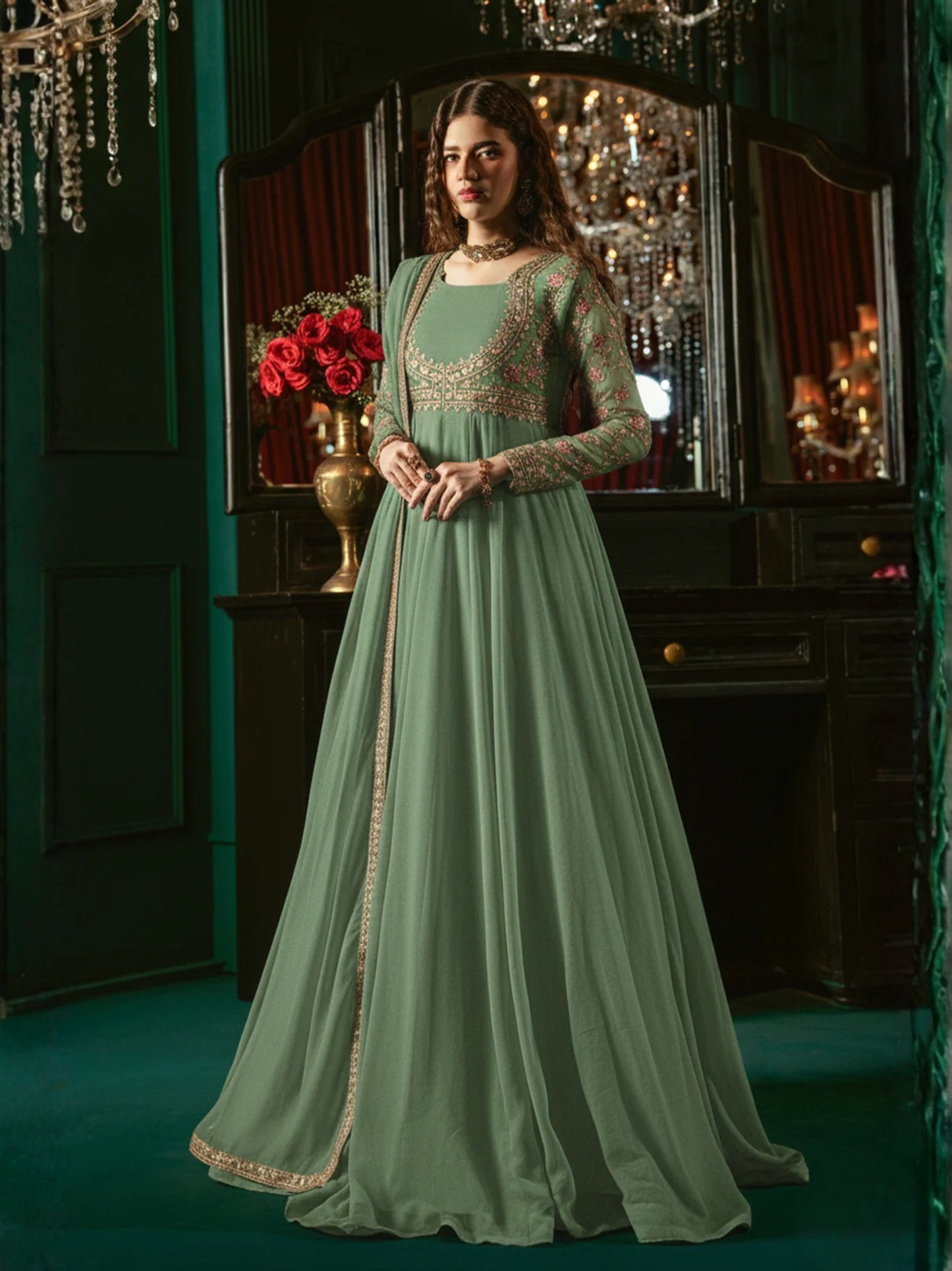 Hani & Umaima Chiffon Embroidered Stitched 2-Piece Suit-Aroosha