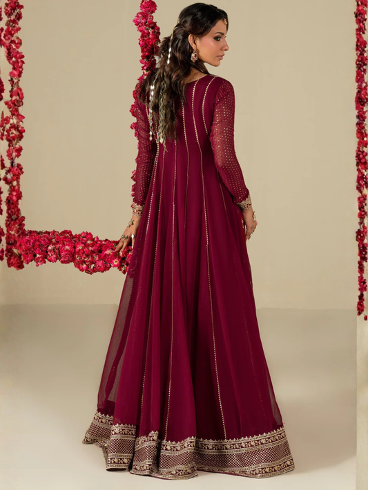 Maroon Hani & Umaima Chiffon Embroidered Stitched 2-Piece Suit-Jiya
