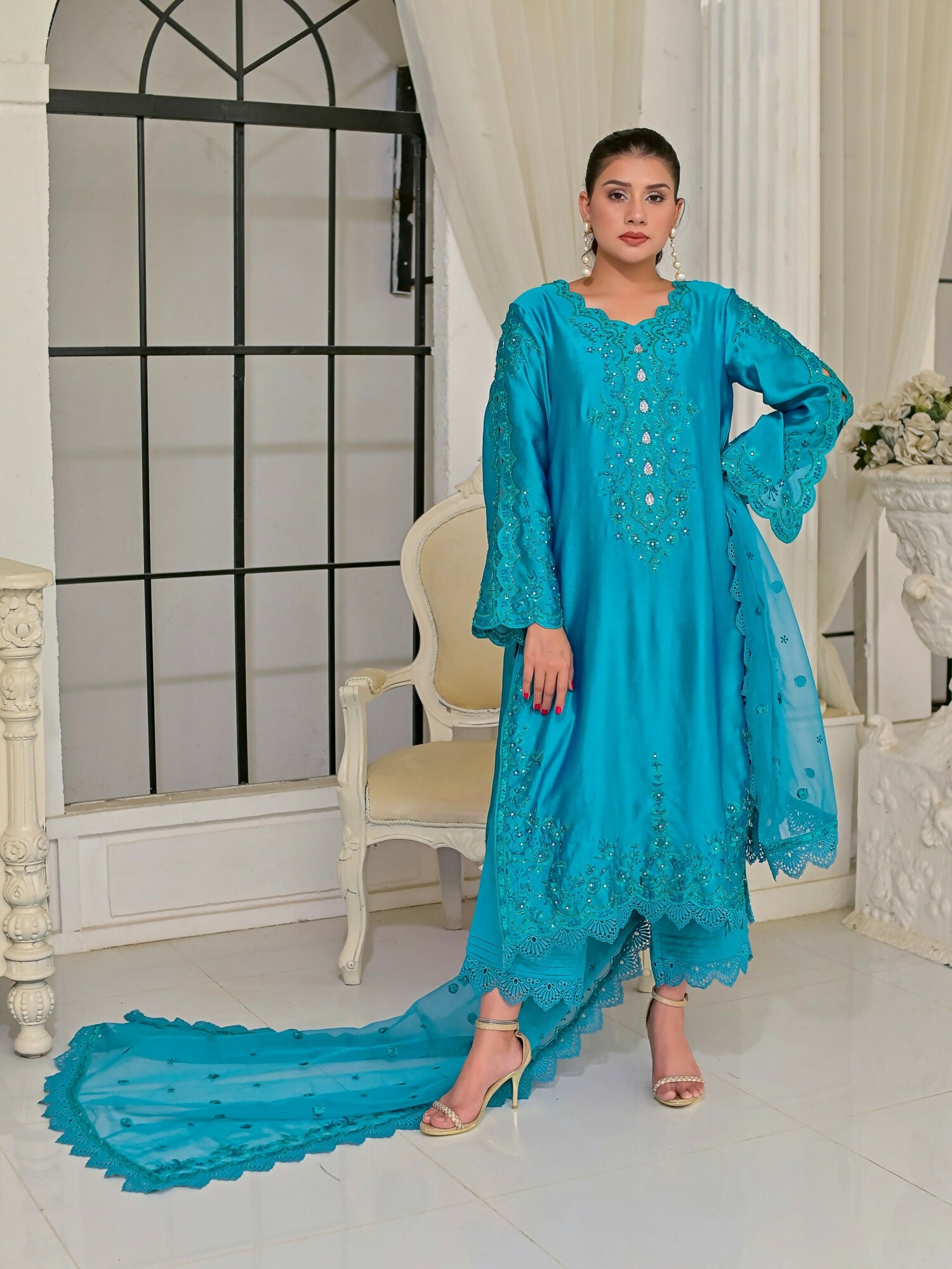 Farooq Hameed Studio Silk Embroidered Stitched 3-Piece Suit-Elli