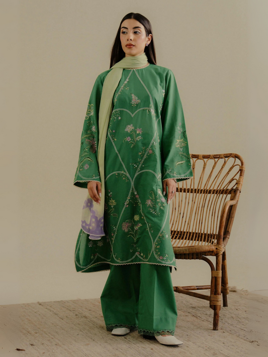 Unstitched 3-piece embroidered suit with fresh green lawn shirt featuring pink embroidery, dyed cambric trouser, and digital printed chiffon dupatta for a vibrant summer look.