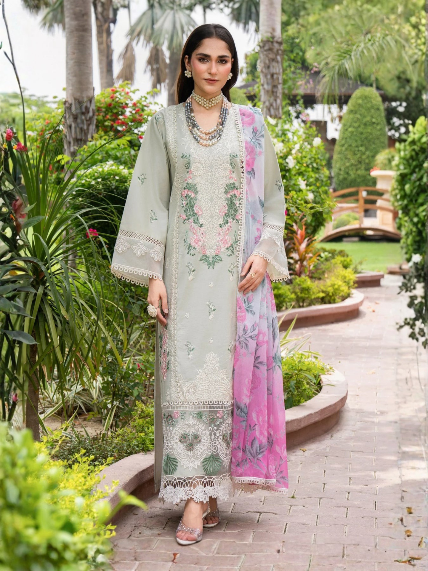 Mint green-Chandan Nagri Lawn Cotton Embroidered Stitched 3-Piece Suit-Eclipse Veil