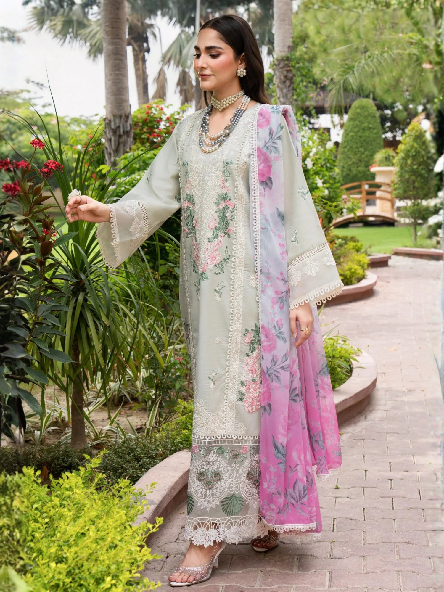 Mint green-Chandan Nagri Lawn Cotton Embroidered Stitched 3-Piece Suit-Eclipse Veil