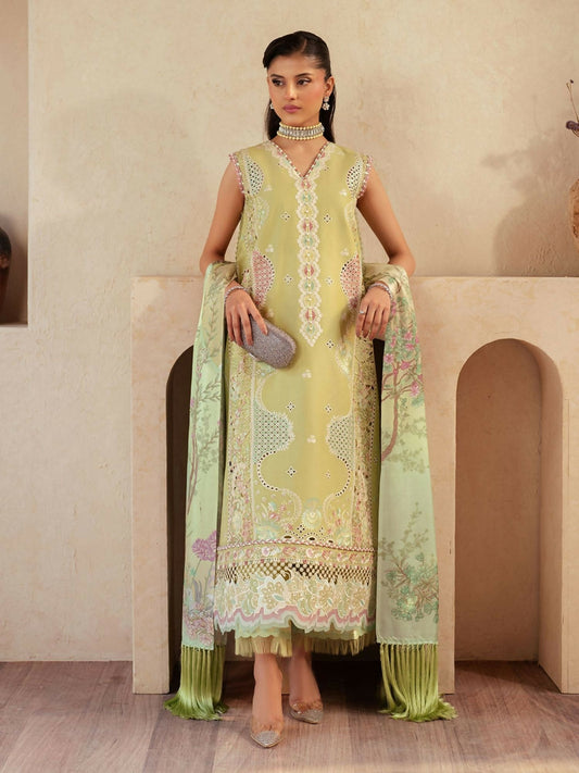 Unstitched 3-piece embroidered suit with digital printed silk dupatta, detailed organza motifs, and elegant borer work for a refined festive look.