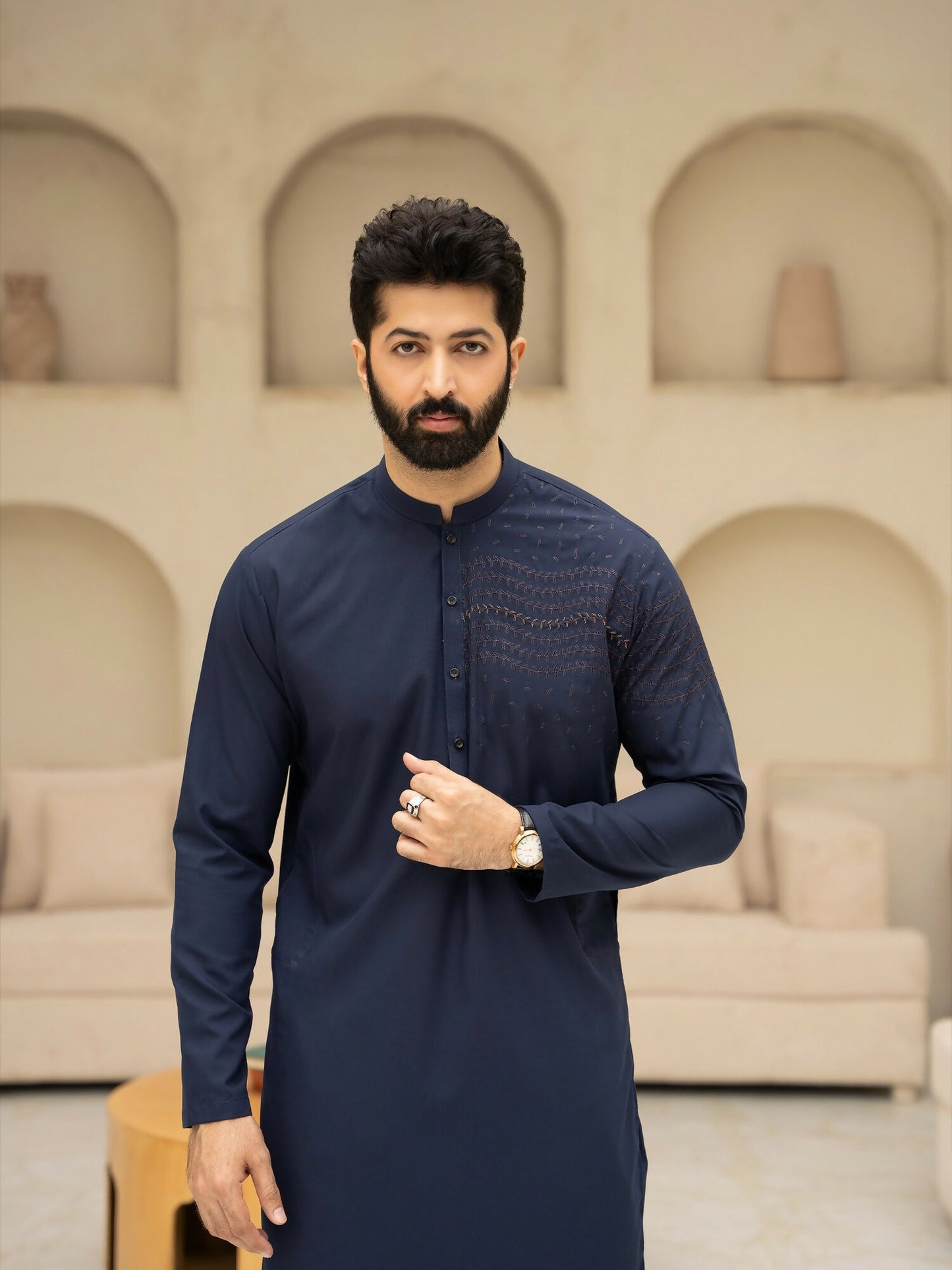 Fabrich Men Wash & Wear Embroidered Unstitched Shalwar Kameez-Navy