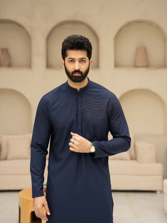 Fabrich Men Wash & Wear Embroidered Unstitched Shalwar Kameez-Navy