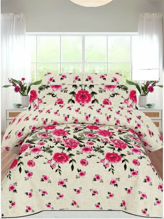 White and pink Danier 6-piece comforter set arranged on a king-size bed with matching pillow covers and soft floral design detailing.