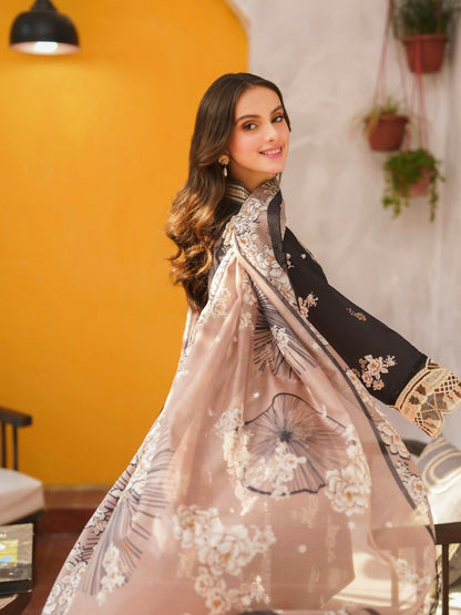 Panache Apparel Monochrome Tales Swiss Lawn Embroidered Stitched 3-Piece Suit-Midnight