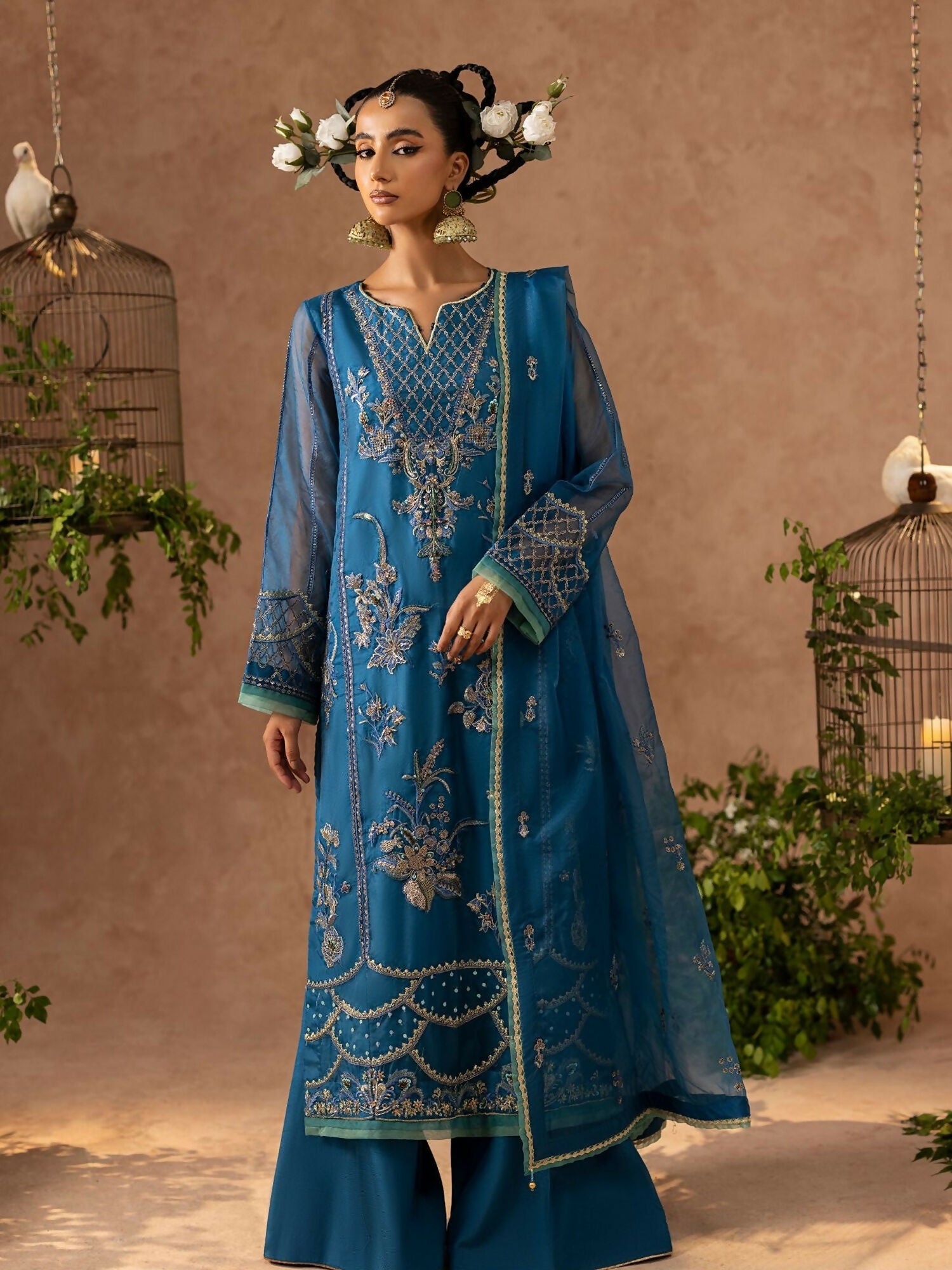 Shurooq Geet Organza Embroidered Stitched 3-Piece Suit-Jugni