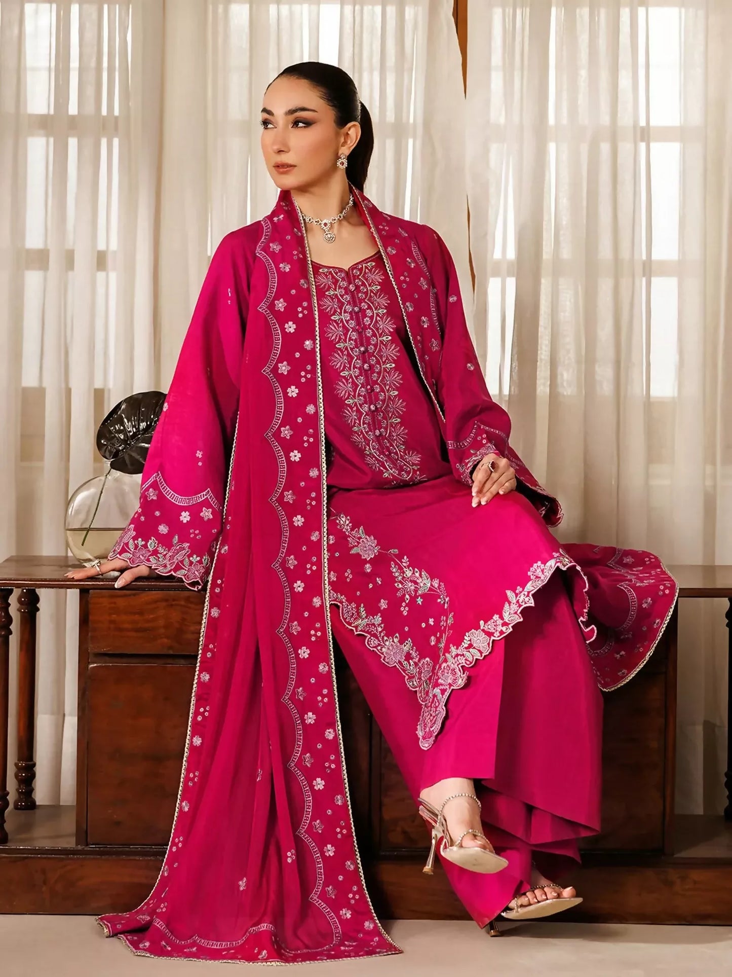 Panache Apparel Noore Eid Edit Raw Silk Embroidered Stitched Suit-Misha