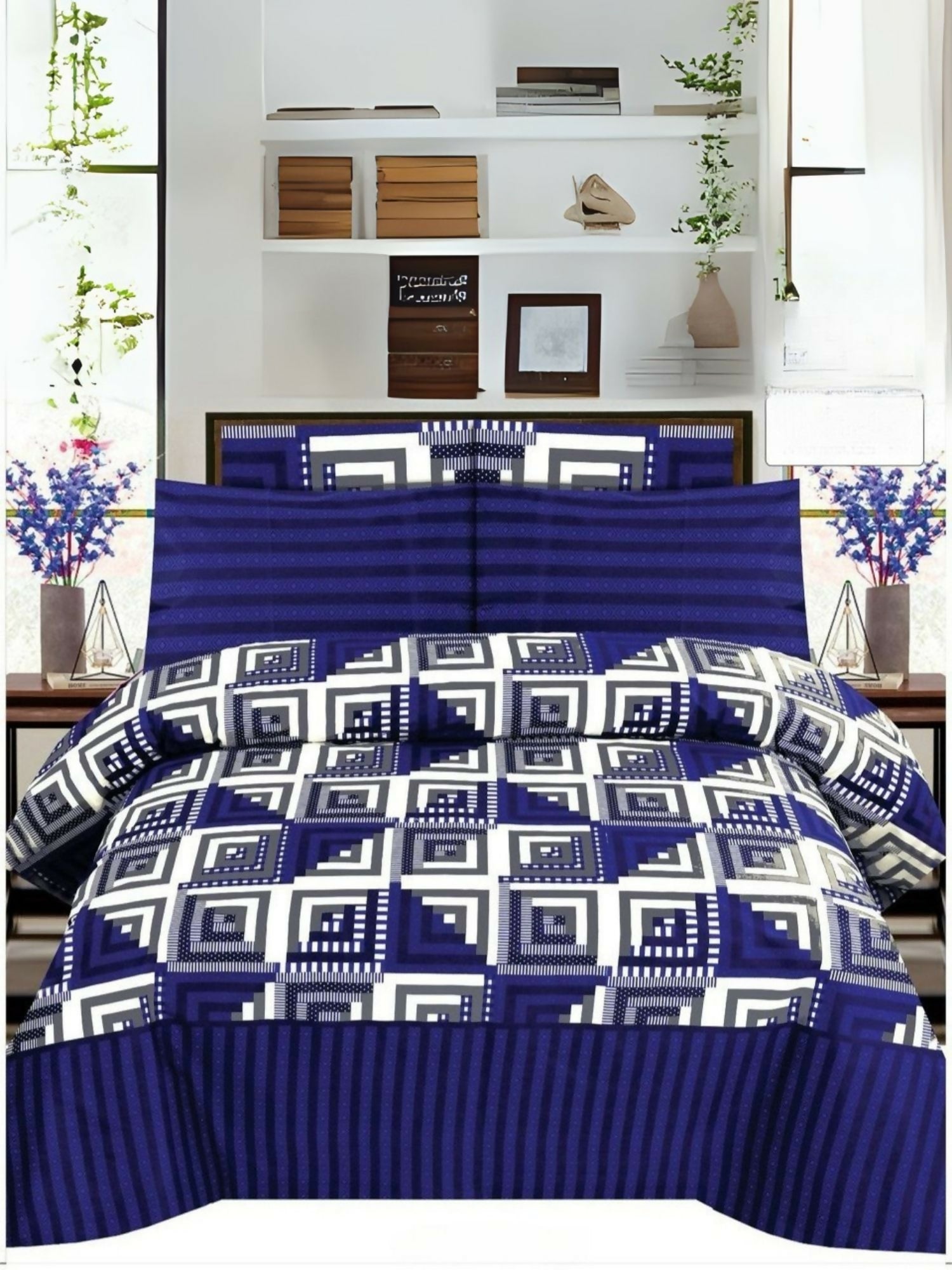 Blue bedsheet comforter set with matching white and blue design pattern, includes one king size comforter, one bedsheet, and four pillow covers.