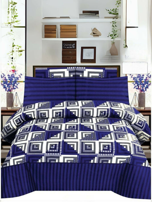 Blue bedsheet comforter set with matching white and blue design pattern, includes one king size comforter, one bedsheet, and four pillow covers.