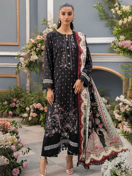 Mausummery unstitched 3-piece suit featuring digital printed Linen Doria shirt and dupatta with dyed linen trouser, ideal for elegant winter wear.