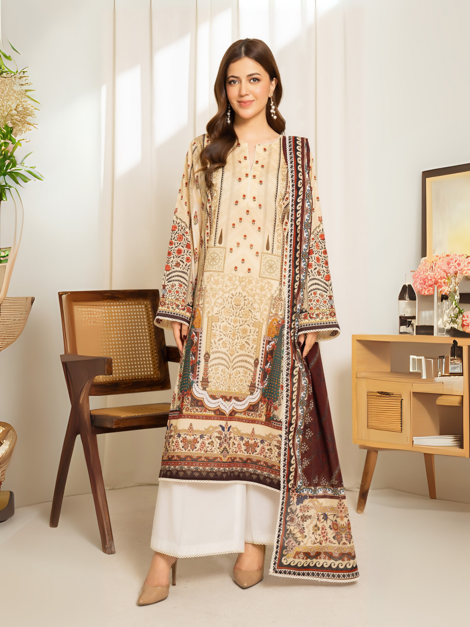 Beige and maroon printed lawn suit with ethnic motif voile dupatta