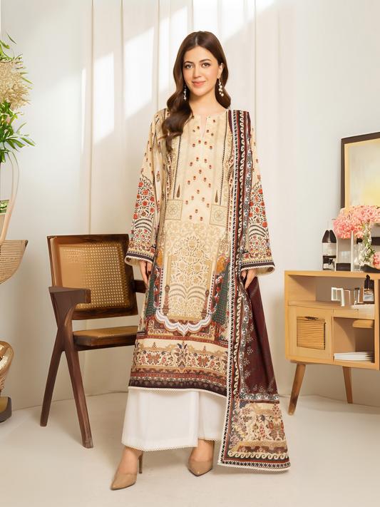 Beige and maroon printed lawn suit with ethnic motif voile dupatta