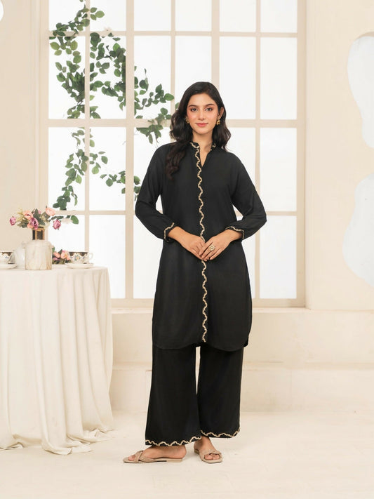 Stylish Collection Aaraish Linen Embroidered Co-Ord Set-Black Ringles