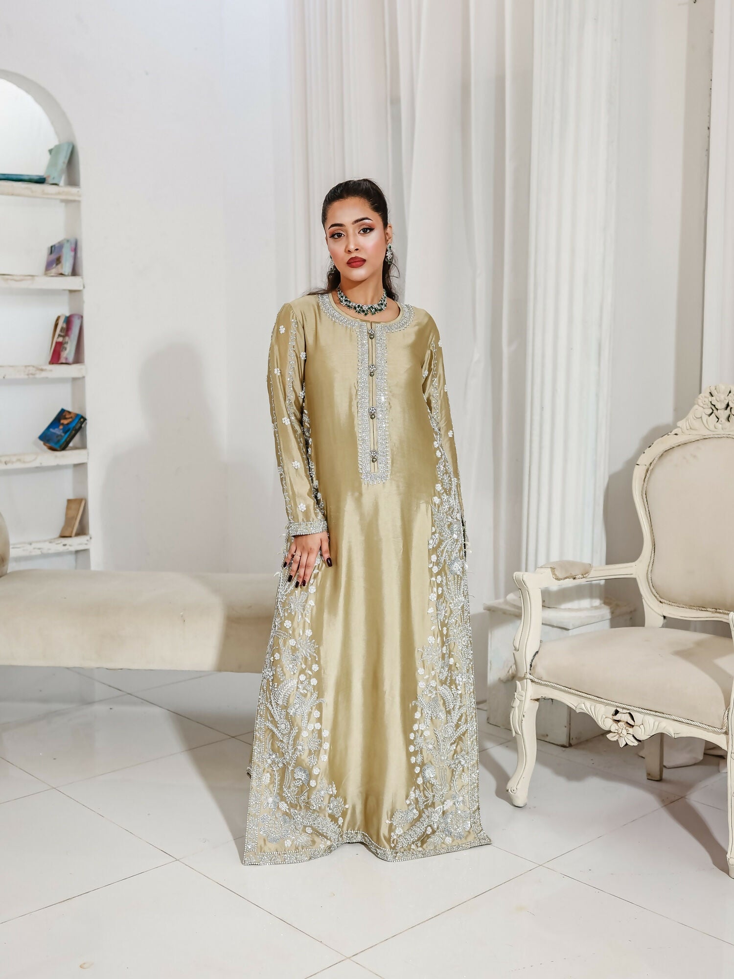Farooq Hameed Studio Wedding Festive'25 Pure Glass Silk Embroidered Stitched 3-Piece Suit-Ismara