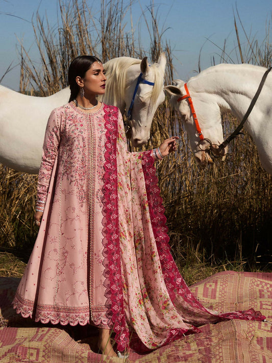 Pastel pink embroidered lawn outfit with maroon and pink floral threadwork, flared silhouette, matching cotton trousers, and printed chiffon dupatta with embroidered organza border.