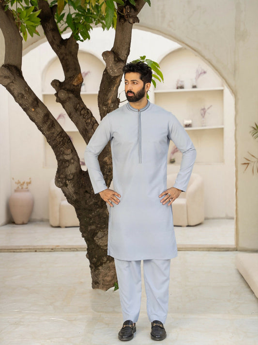 Fabrich Men Wash & Wear Embroidered Unstitched Shalwar Kameez-Misty-Blue