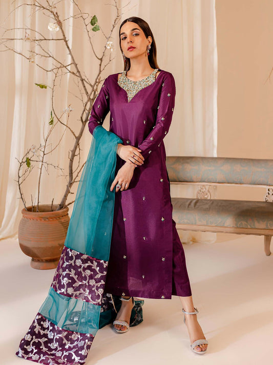 Allure By IH Raw Silk Embellished Stitched 3-Piece Suit-Twilight
