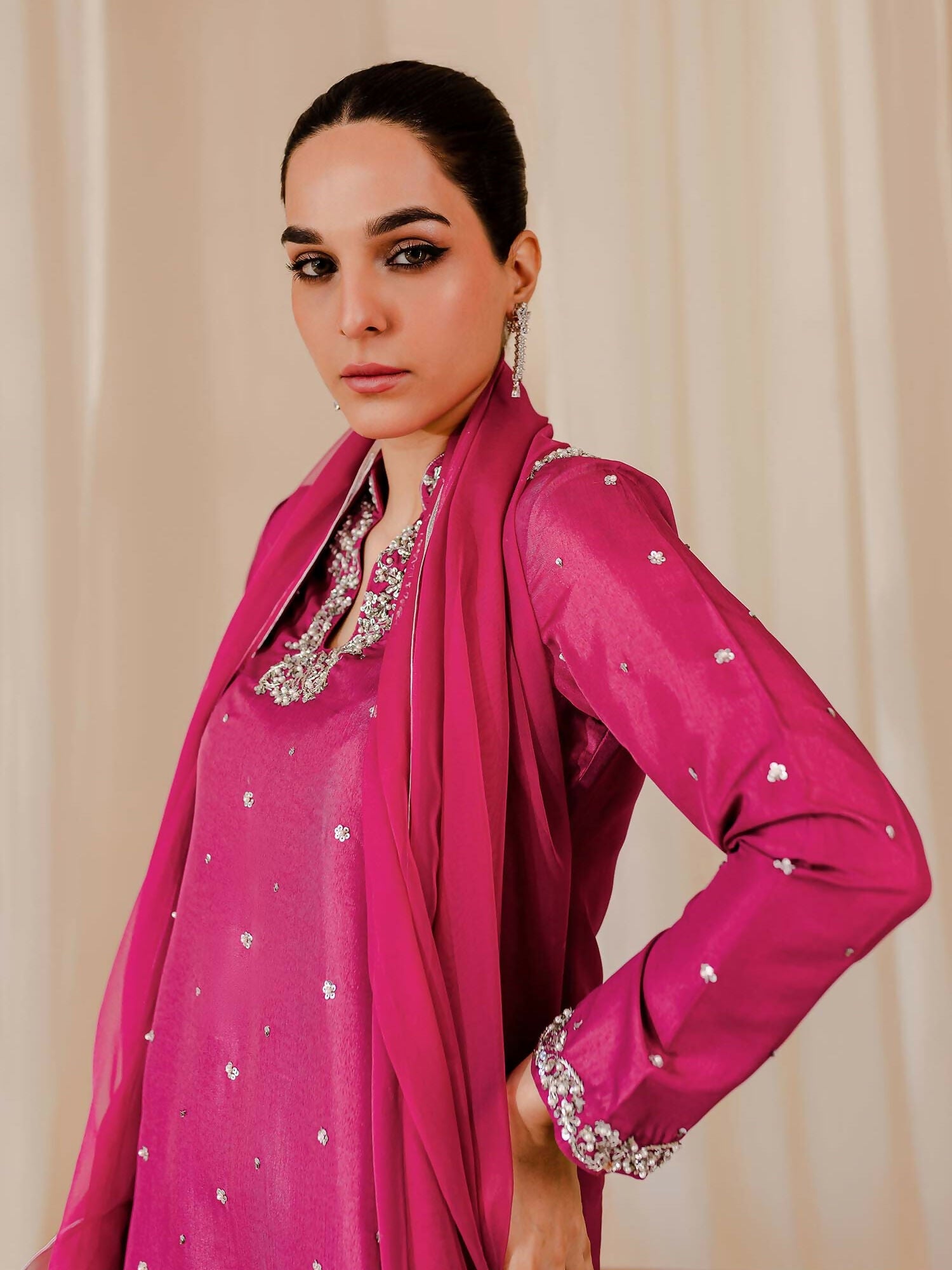 Allure By IH Raw Silk Embellished Stitched 3-Piece Suit-Rosette