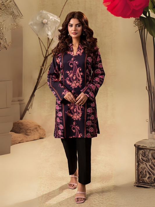 Unstitched 2-piece suit with black shirt featuring pink patterns and plain dyed black trouser, ideal for casual wear.