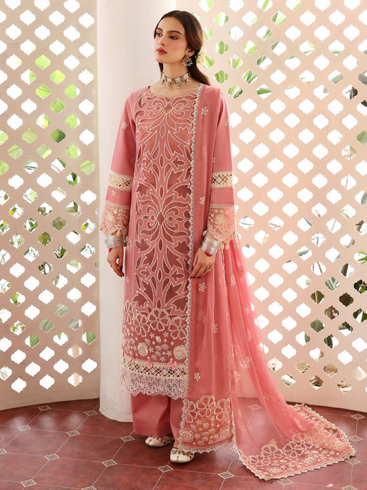 Unstitched 3-piece embroidered lawn suit with laser-embroidered front, embroidered back and sleeves, decorative embroidered borders, embroidered chiffon dupatta, and dyed trouser.