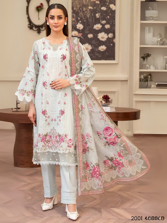 Pastel floral unstitched 3-piece lawn suit by Sitara Sapna with printed shirt, dyed trouser, and digital printed dupatta