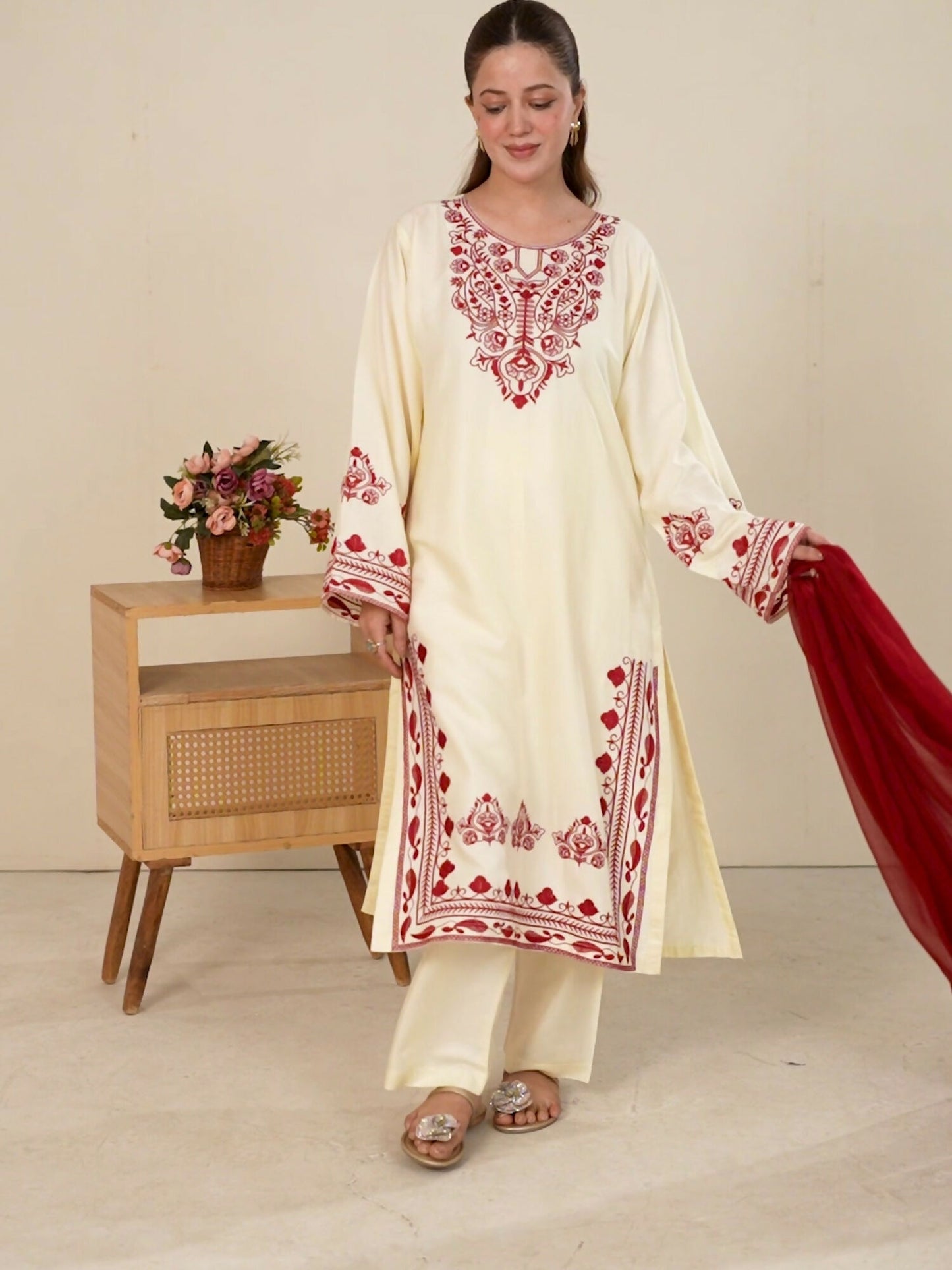 Stylish Collection Whisper Pret Linen Embroidered Stitched 3-Piece Suit-Laal Bahar