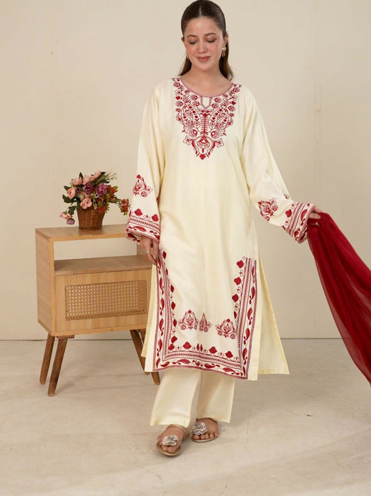 Stylish Collection Whisper Pret Linen Embroidered Stitched 3-Piece Suit-Laal Bahar